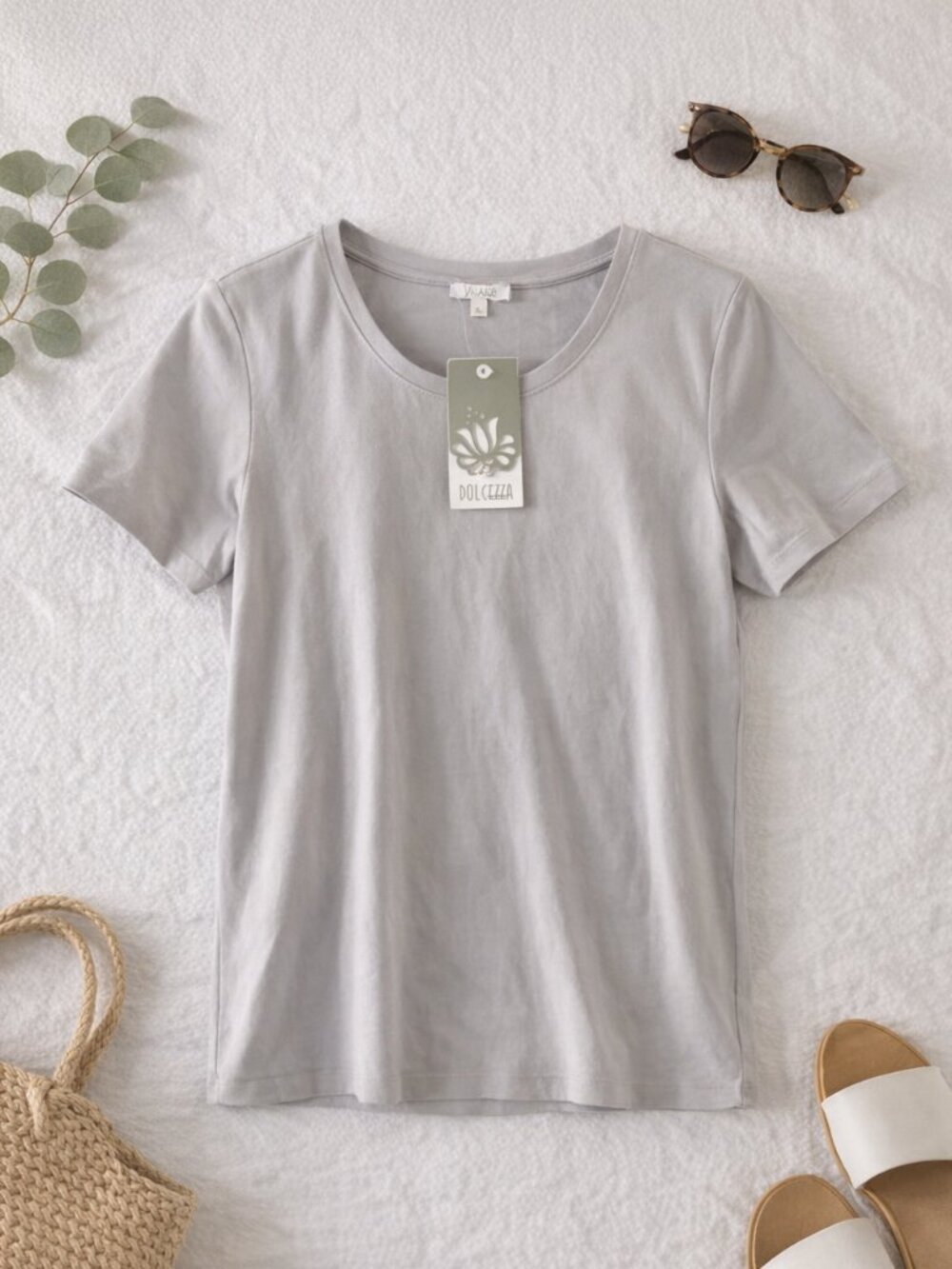 Dolcezza Silver‑Grey Scoop Neck Cotton Tee • Summer Essential • Small NWT